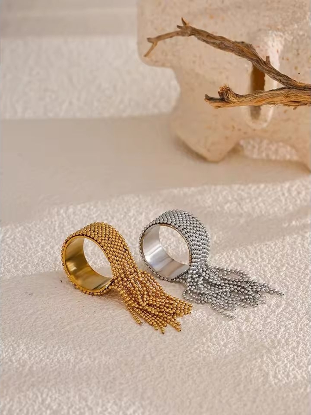 Gold Beaded Tassel Cuff Rings- Women Jewelry - Picture 3 of 8